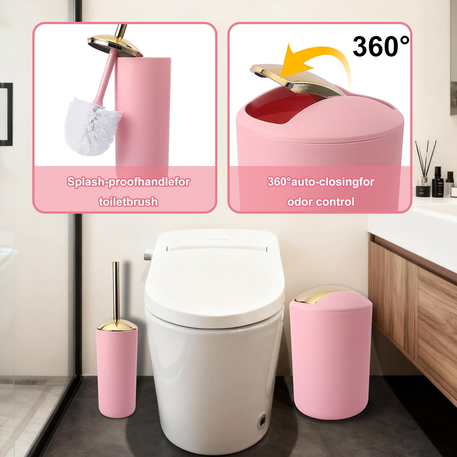 25 Pieces Bathroom Set Orange and Gold Bathroom Accessories Set, Shower Curtain and Rugs, Trash Can, Toilet Brush, Soap Dispenser, Soap Dish, Toothbrush Holder, Tumbler, Tray, Qtip Holder