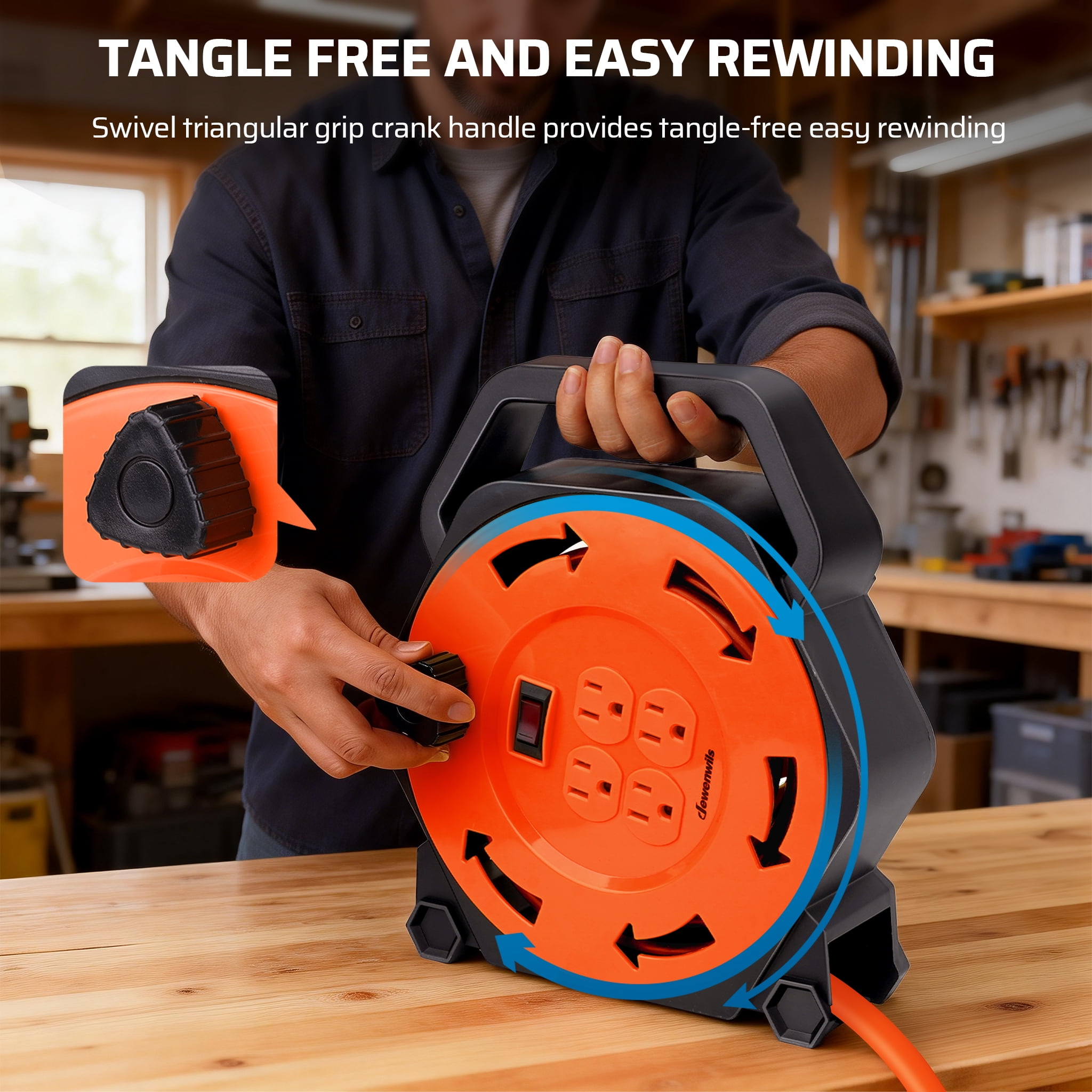 DEWENWILS 25ft Heavy-Duty Cord Reel 13A 125V 16AWG SJTW Orange Reel with On/Off Switch & Circuit Breaker