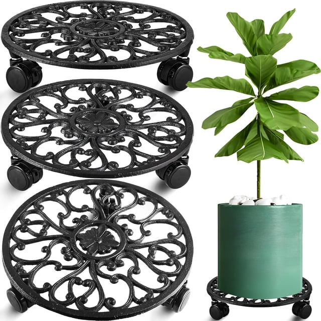 CNKOO 2 Paquets Support à Plantes Roulant avec Roues Caddy à Plantes en Métal avec Roues Robuste Support à Plantes Rond de 13'' Rouleaux d'Intérieur en Fer pour Plantes Poupée à Plantes avec Soucoupes pour Plantes