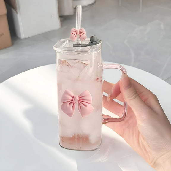 ACDANC 13 oz Glass Cup with Bamboo Lid&Straw - 3D Pink Bow Tumbler for Iced Coffee Smoothies&Cute Gift for Women Girls