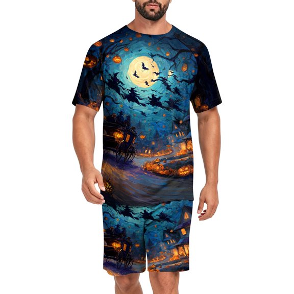 Dwelliawo Men's Pajama Short Sleeve Set Halloween Bat Matching Sleepwear Sleep Crew Neck Lounge Set with Pocket Red L