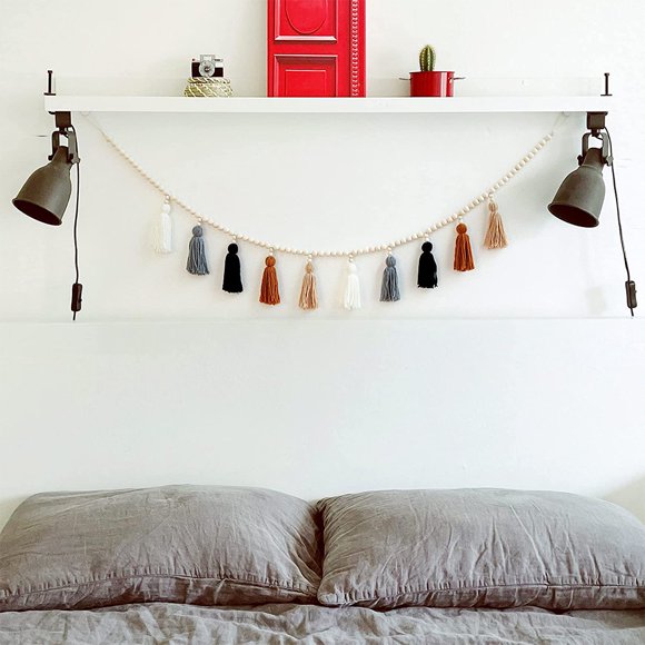 Wooden Beads Wreath with Fringe, Boho Fringe Wall Hanging Decor for Bedroom, Nursery, Baby Shower, Girls Room Decor