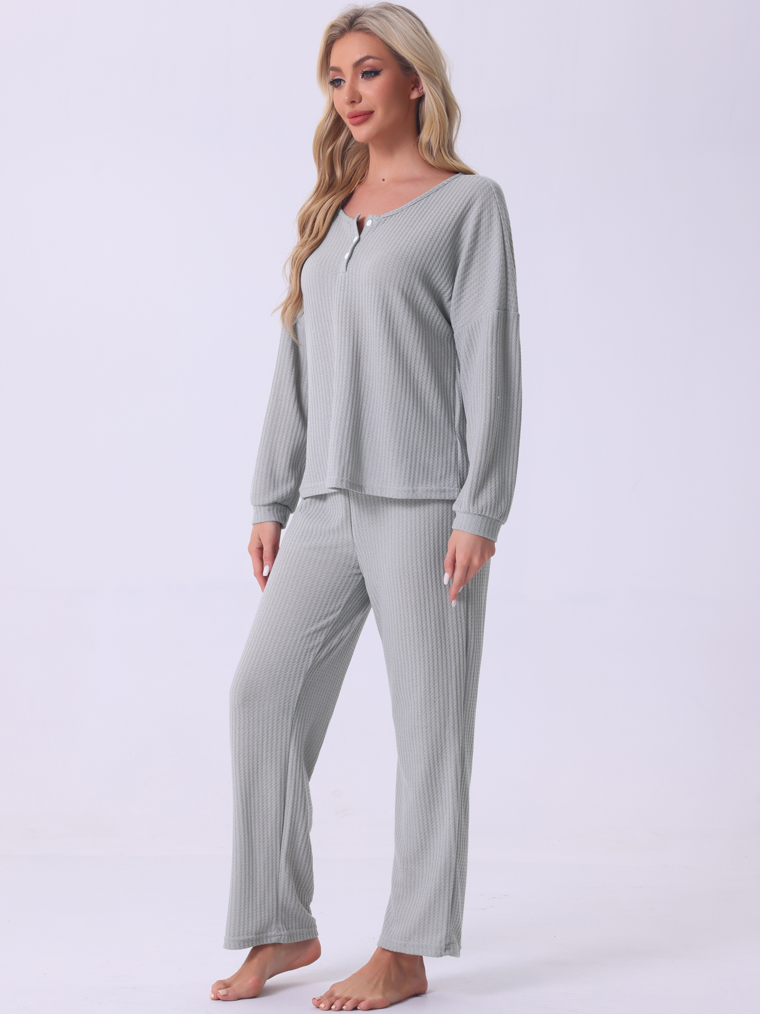 DARING DIVA Women's Pajama Set Waffle Knit Lounge Long Sleeve L Light Gray