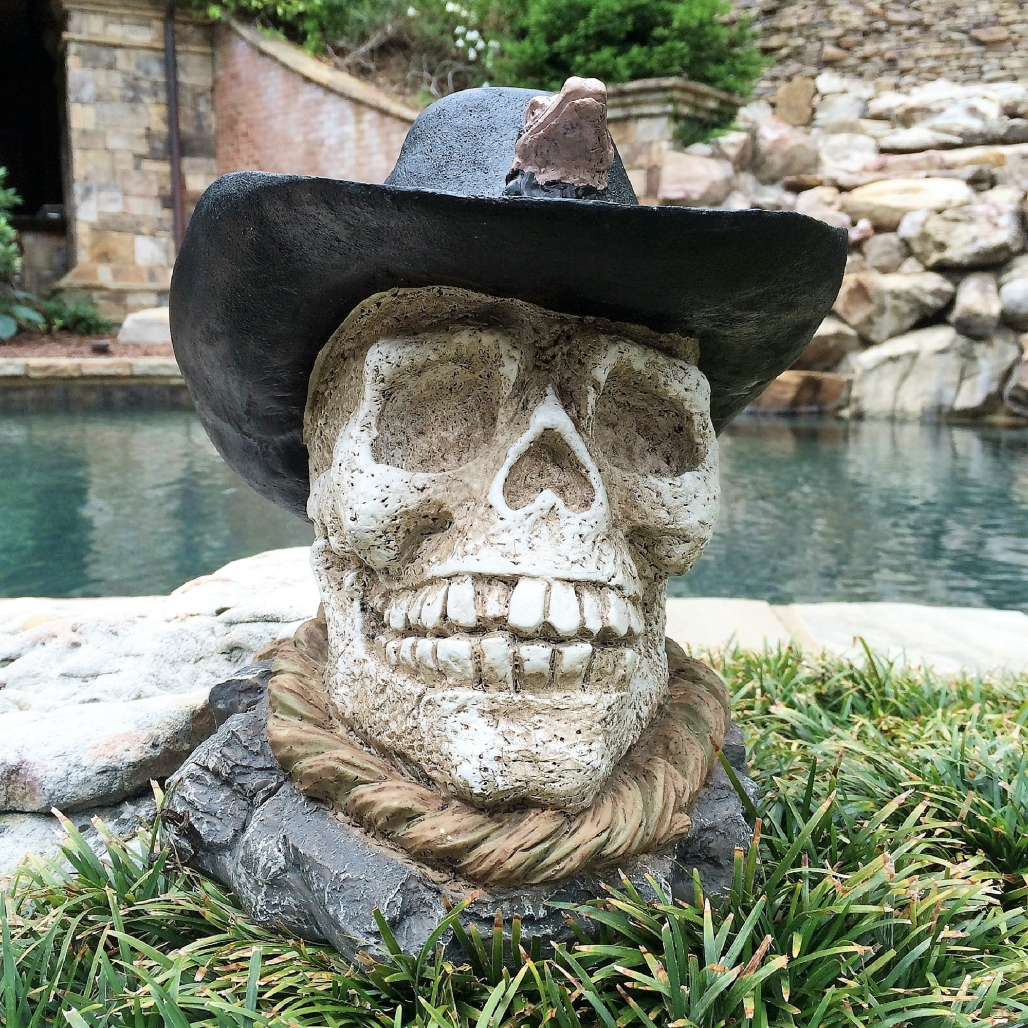Homestyles 12 in. Cowboy Skull with Rattle Snake Hat Band Nautical Beach Garden Statue