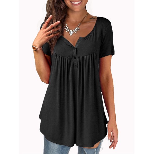 a.Jesdani Womens Plus Size Tunic Tops Short Sleeve Casual Floral Henley