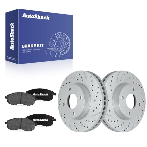 AutoShack Front Vented Drilled & Slotted Coated Brake Rotors Silver Matte Finish   Ceramic Pads 6-PC Brake Kit Replacement for 2007-2012 Nissan Versa 2011-2014 Nissan Cube TurboGuard 11.01" (280 mm)
