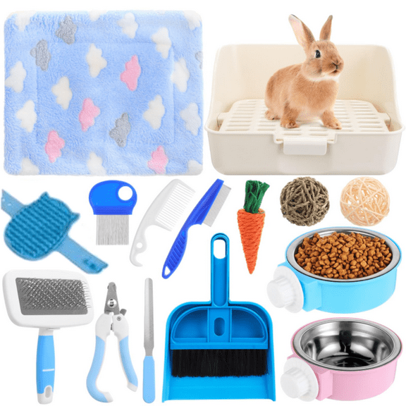 Rabbit Starter Kit 15-Piece Set, Small Animal Essentials with Litter Box, Grooming Tools, Toys & Bowls for New Owners - Multicolor