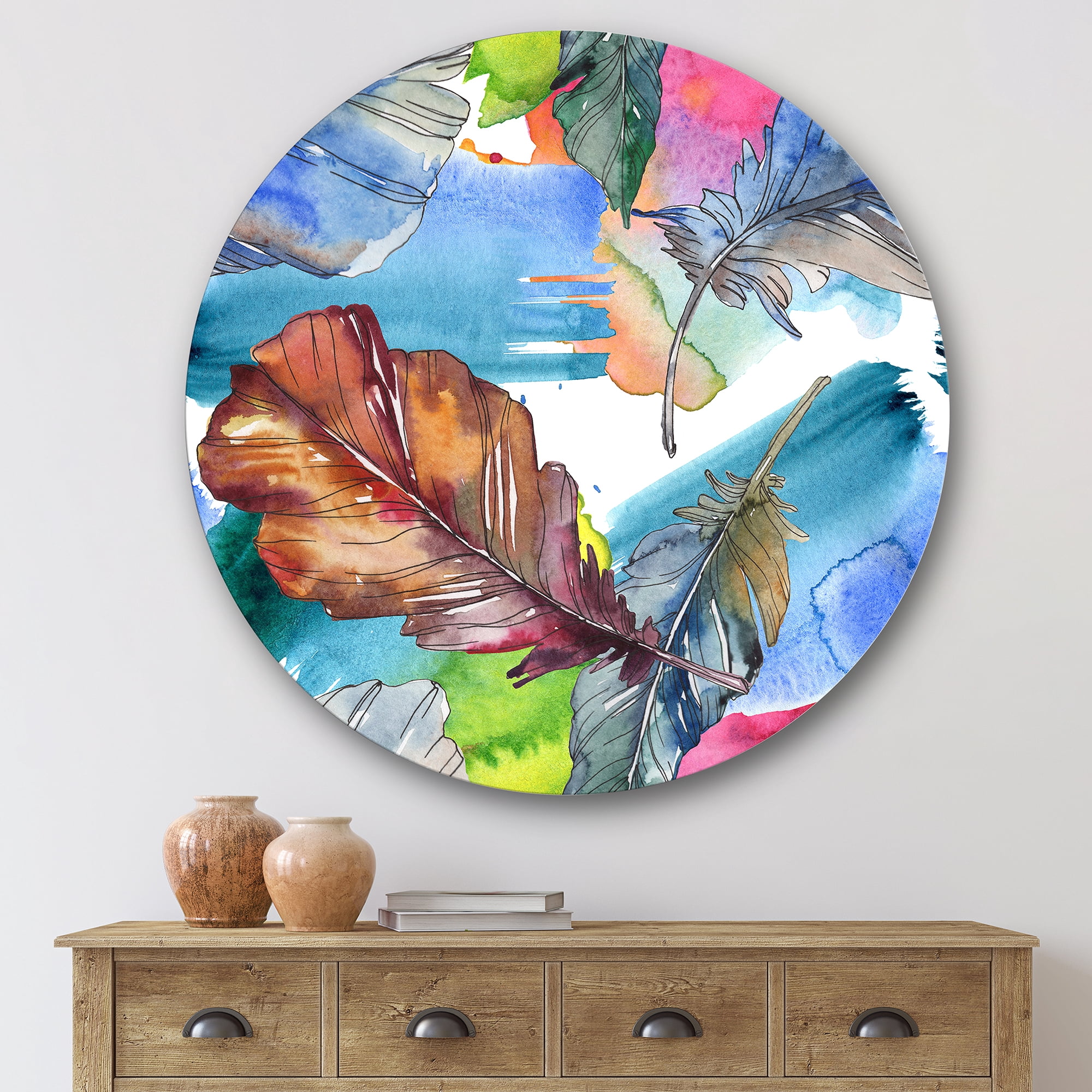 Designart 'Bird Feather In Pink and Blue' Traditional Circle Metal Wall Art 36x36 - Disc of 36