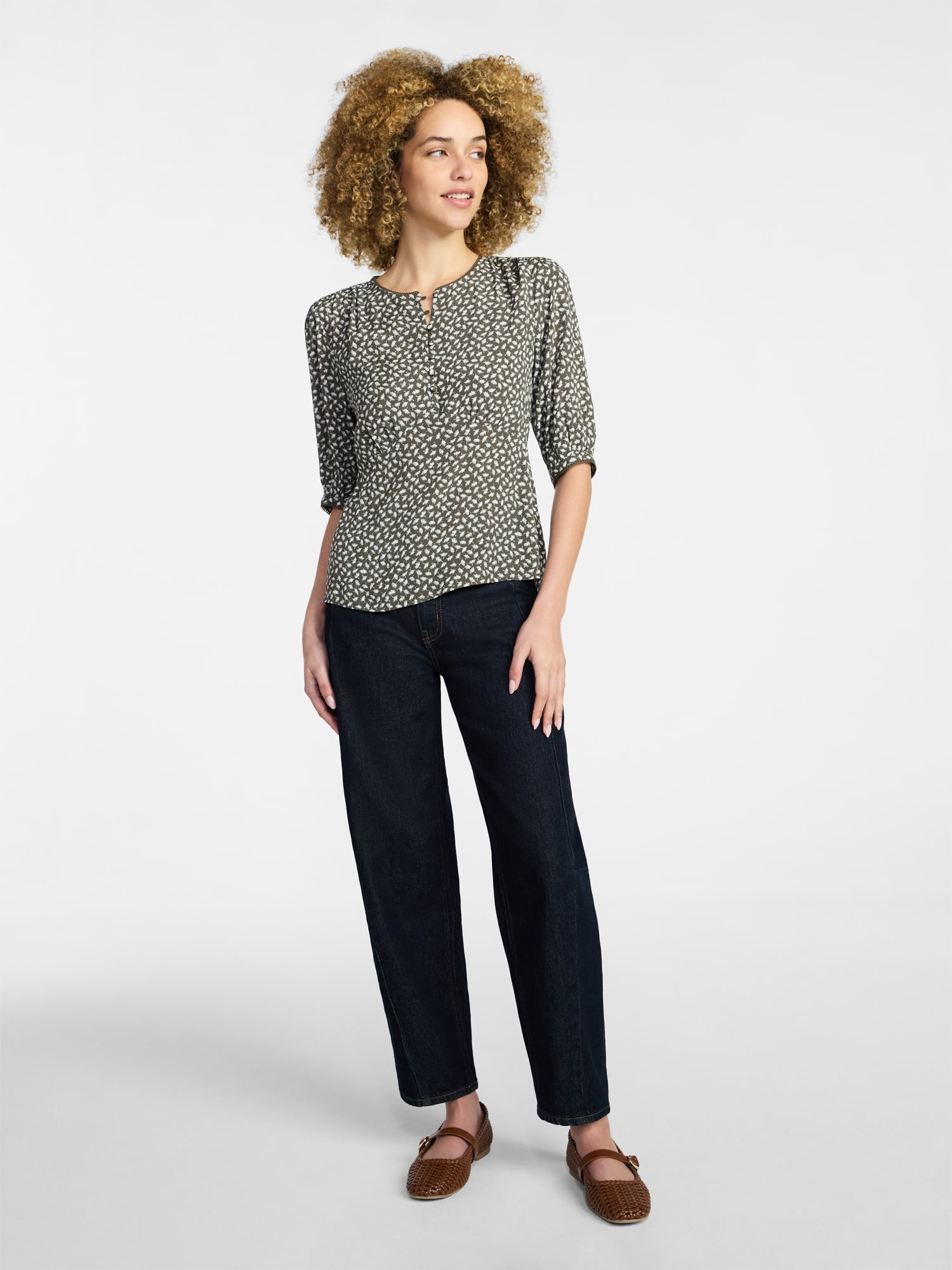 Time and Tru Women’s Empire Waist Top with Puff Sleeves, Sizes XS-XXXL