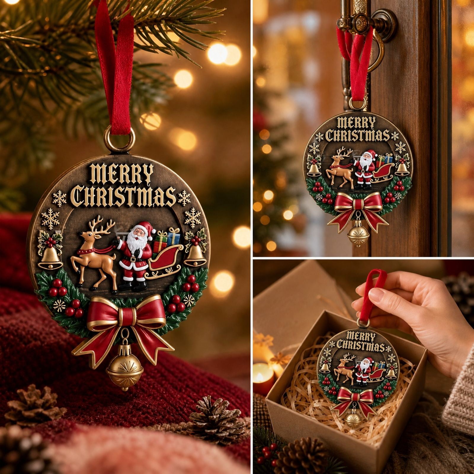 zpqytgj 2D Christmas Bell Ornament with Ribbon and Santa Design for ...