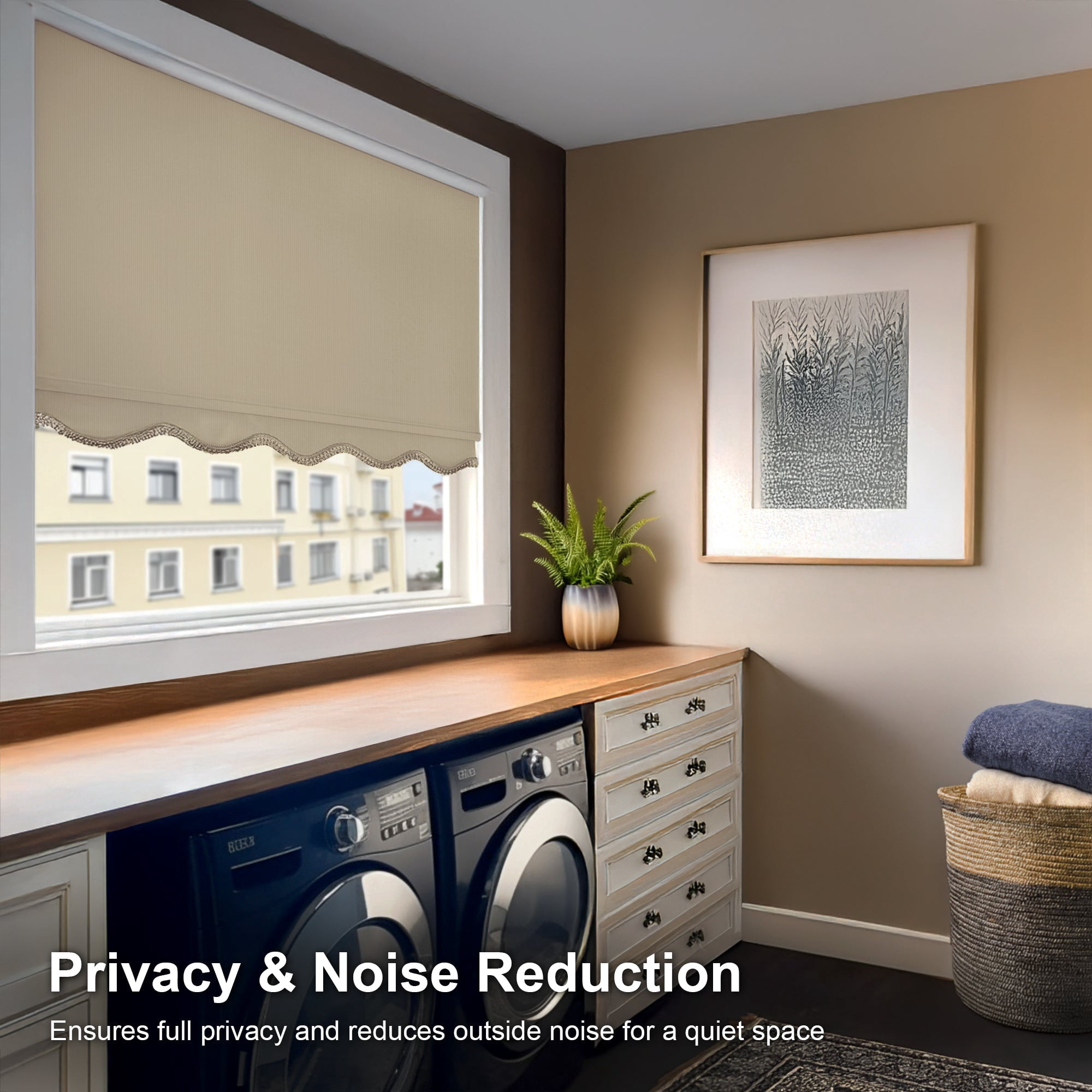 Chicology Textured Blackout Roller Shades with Fringe | Cordless Light Filtering Window Blinds |66.75"W X 64"H | Decorative Privacy Shades for Home & Office | Easy Install | Sand