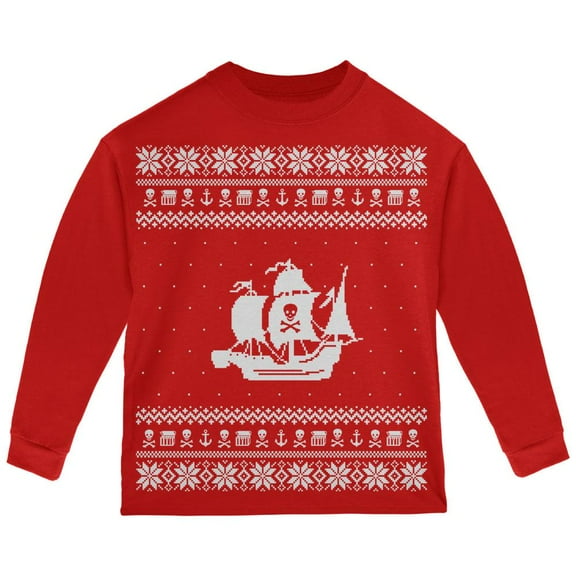 Pirate Ship Ugly Christmas Sweater Red Toddler Long Sleeve T-Shirt - 4T