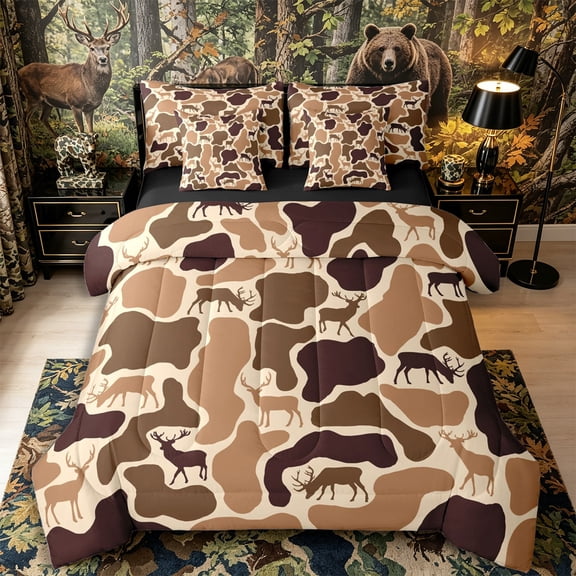 Castle Fairy Camo Wildlife Deer 7-Piece Twin Bedding,Abstract Geometric Bedding Comforter Set,Tan Dark Coffee,Black Reversible