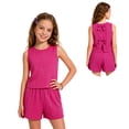 thumbnail image 6 of KPOPLK Girl's 2 Piece Outfits Summer Solid Color Linen Tank Top and Paperbag Waist Striped Shorts Set for 8 9 10 11 12Years(8 Years,Hot Pink), 6 of 7