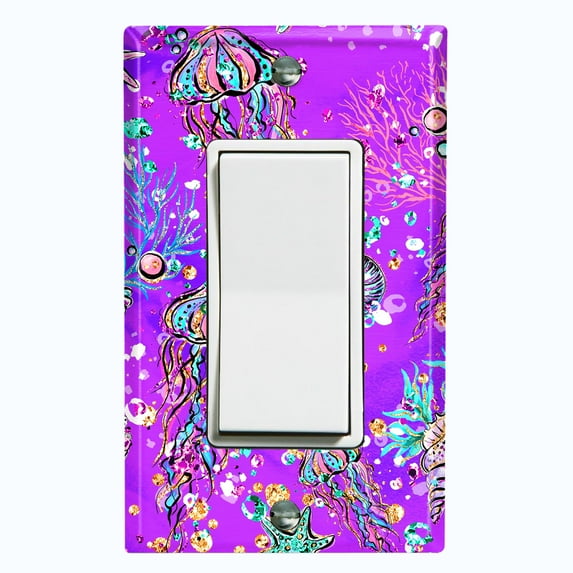Metal Light Switch Wall Plate Outlet Cover (Jellyfish Sea Snail Starfish Purple Glitter Reef Bubbles - Single Rocker)