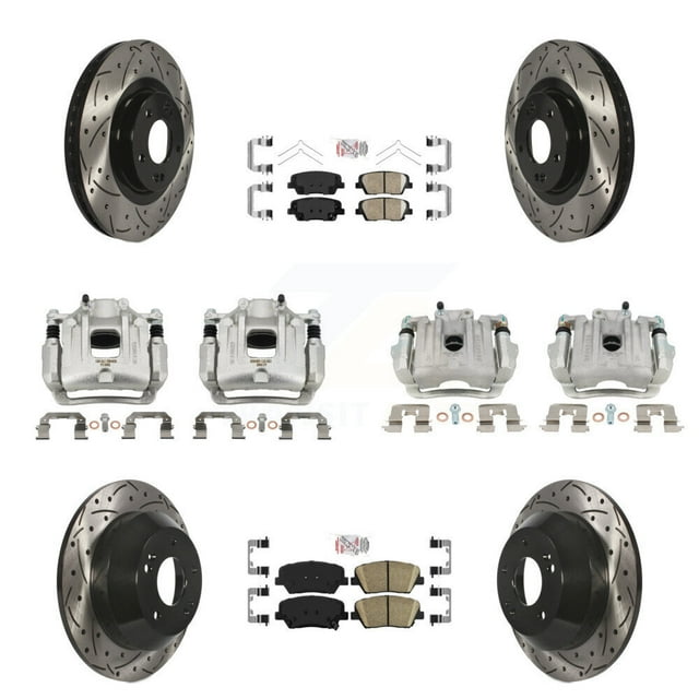 Transit Auto Front Rear Disc Brake Coated Caliper Drilled Slotted Rotors and Ceramic Pads Kit (10Pc) for Car 2014-2015 Kia Sorento Limited with 3.3L with Red Painted Calipers KCD-100672N
