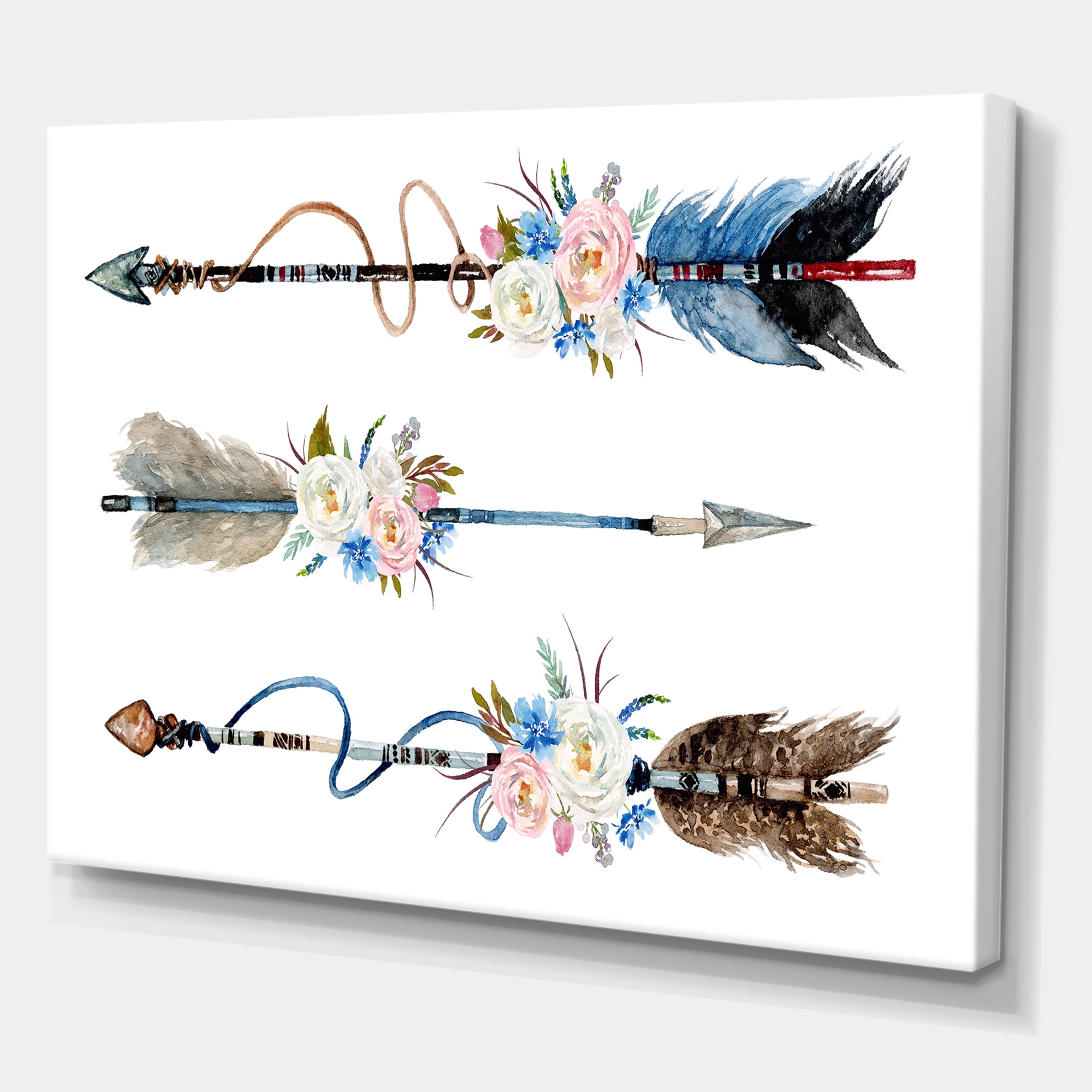 Designart ' Flowers and Ethnic Feathers On Native Arrows I ' Bohemian & Eclectic Canvas Wall Art Print