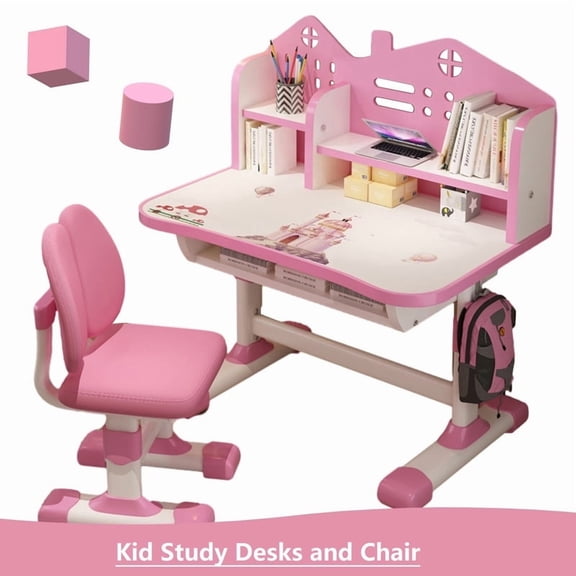 2026 Upgrade Kid Desk and Chair Set, Cartoon Pattern Kids Adjustable Height Study Drawer Table with Chairs Pink
