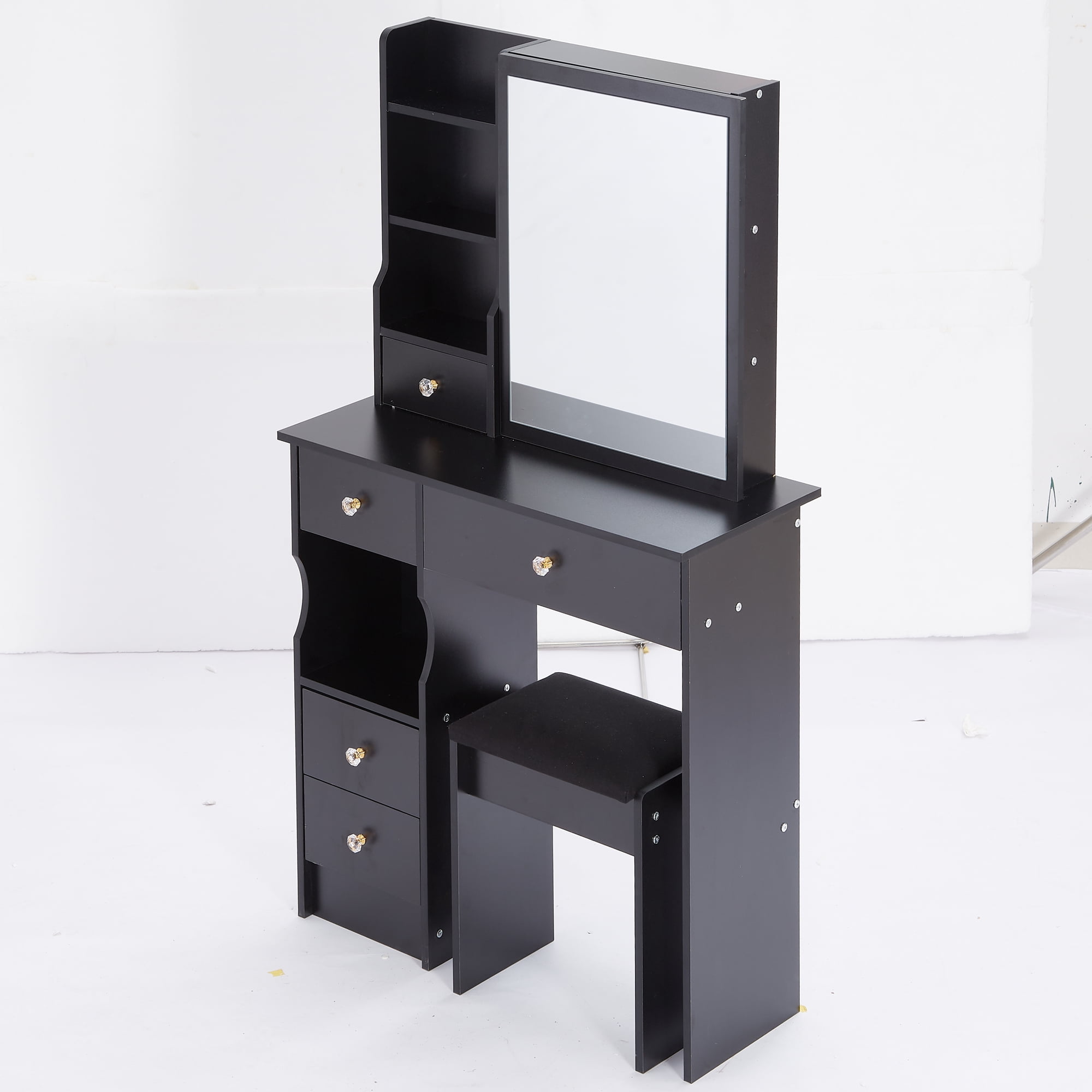 Kadyn Vanity Desk with 5 Drawers, Makeup Vanity Table with Extra Large Right Sliding Mirror, Dressing Table Makeup Desk for Small Space, Black