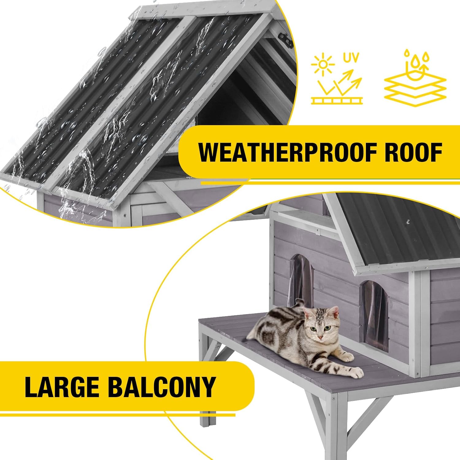 Aivituvin Large Outdoor Cat House Weatherproof 2-Story Wooden Feral Cat Shelter Cat Condo for Winter with Waterproof Roof, Large Porch Balcony, Escape Doors (Easy-Access Design)