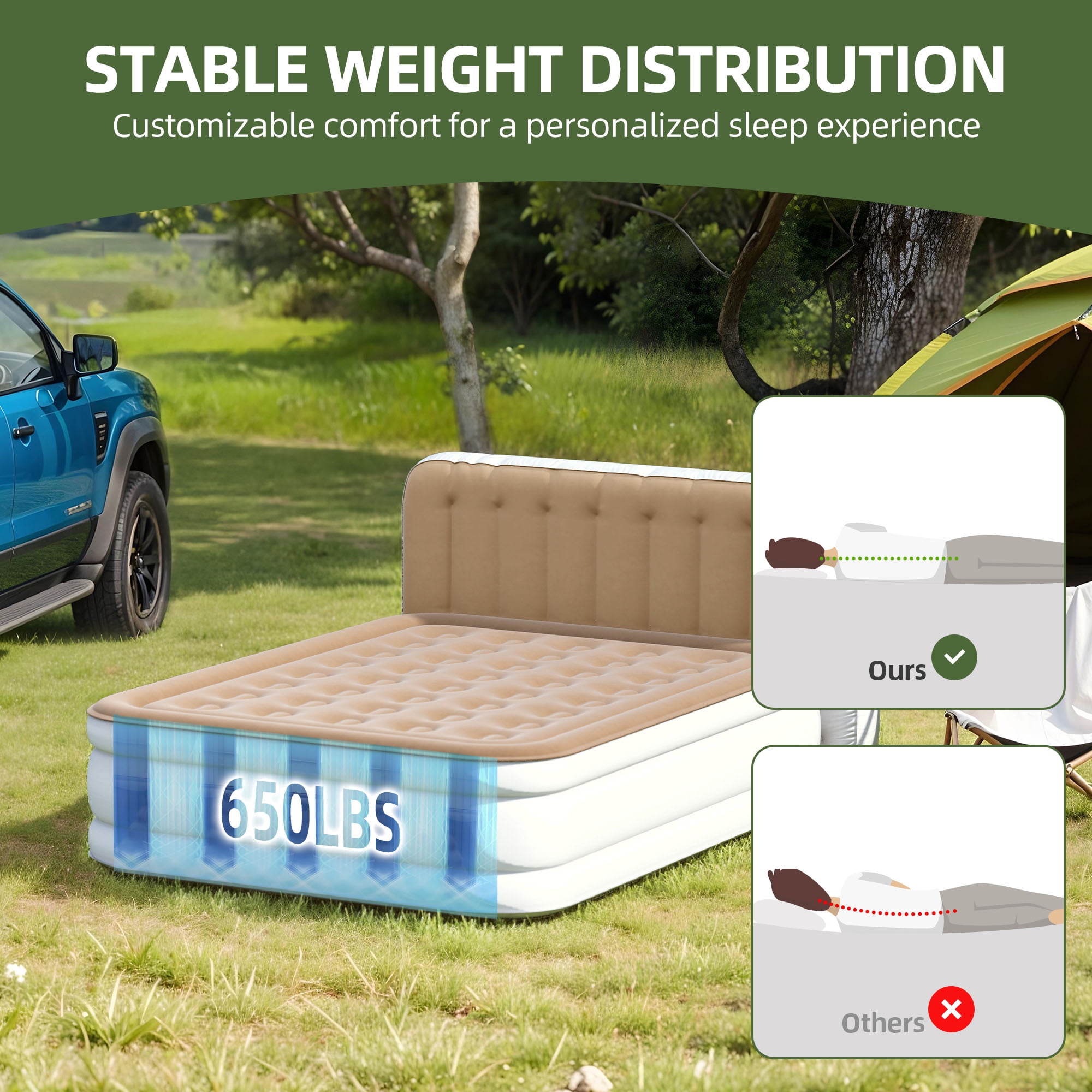 Uforic 18" Queen Air Mattress with Built-in Pump, Flocked Top Inflatable Bed with Banded Headboard for Home, Camping & Guests, Khaki