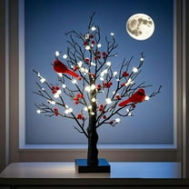 Minibee Vintage Glowing Tree with Cardinals, 21" LED Lighted Cardinal Tree with Berries, Tabletop Red Bird Holiday Decor for Christmas Home Display