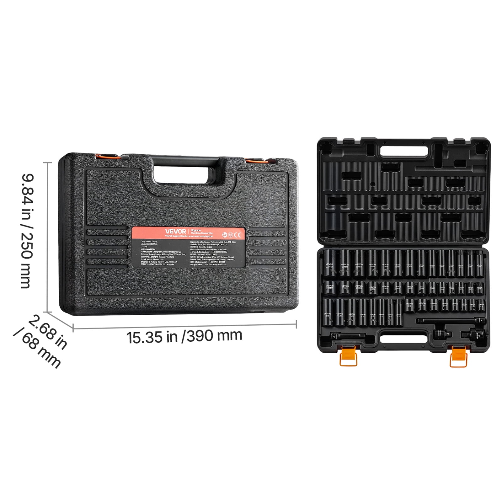 VEVOR Impact Socket Set, 3/8" Drive, 48-Piece Socket Set, 6-Point Sockets, SAE 5/16"-3/4" and Metric 8-19 mm, 21-22 mm, Easy to Identify, Cr-V Alloy Steel, Extension Bar, Adapter and Storage Cage