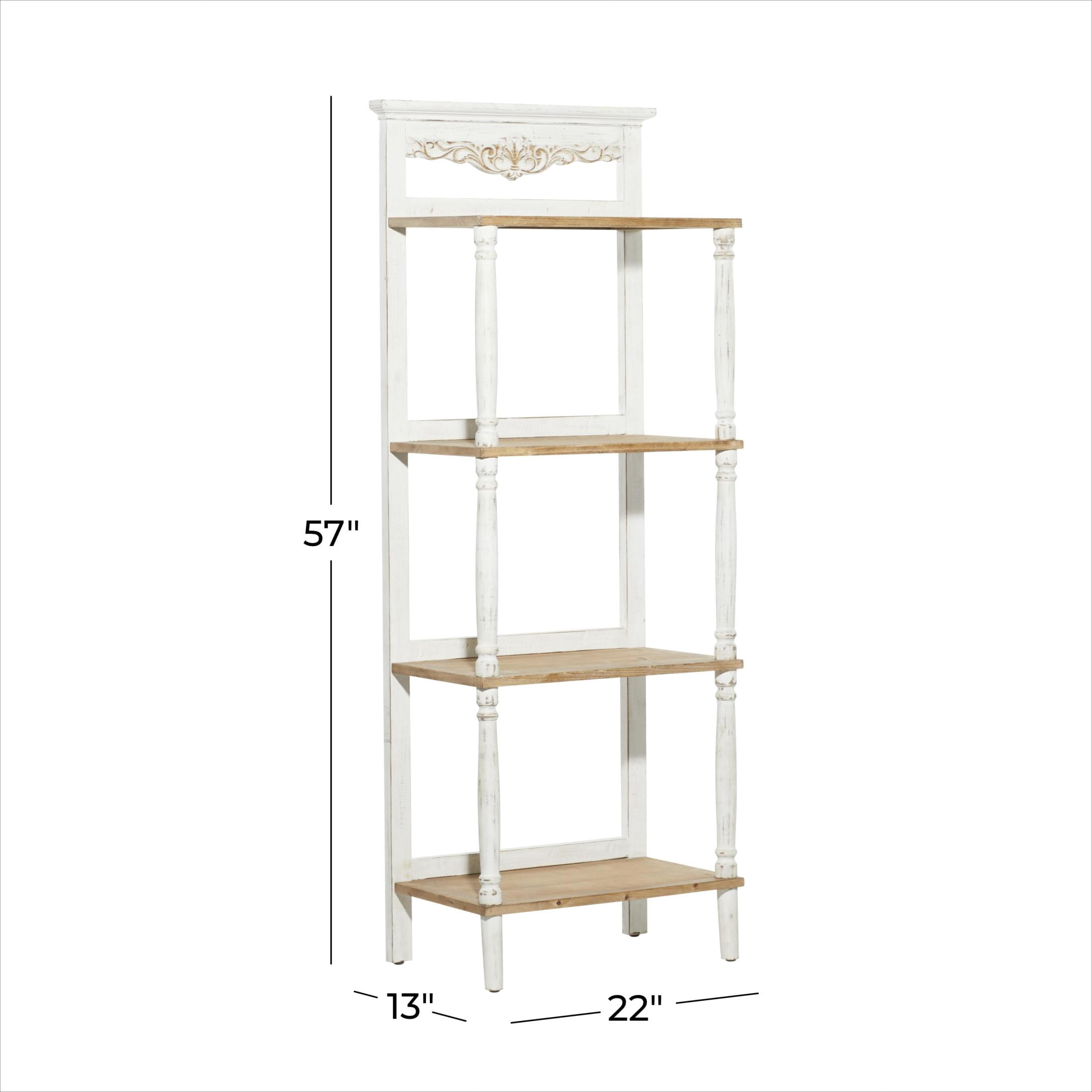 DecMode 22" x 57" White Wood Scroll 4-Tier Shelving Unit with Brown Shelves and Turned Frame, 1-Piece