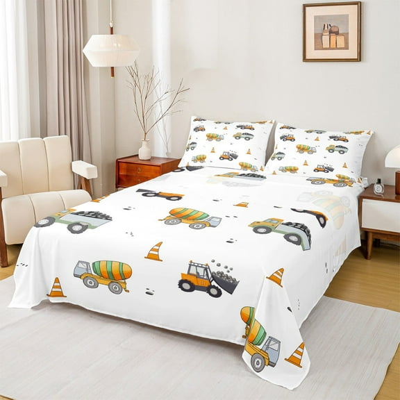 Manfei Equipment Truck Twin Sheet Sets,Kids Bulldozer Twin Fitted Sheet,Yellow White Flat Sheet For Boys Teens,Breathable Home Decor,3-Piece