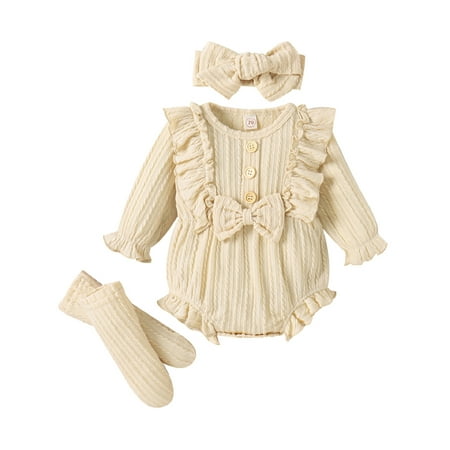 

uukiA 0-12 Months Newborn Baby Girl Toddler Solid Ruffle Long Sleeve Triangle Romper Socks Three Piece Hair Band Set