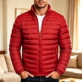 thumbnail image 2 of Men Stand Collar Puffer Jacket Full Zip Packable Quilted Outerwear Zipper Side Pockets Warm Casual Coat for Daily Commute Travel Camping Cold Weather Outdoor Wear Red M, 2 of 6