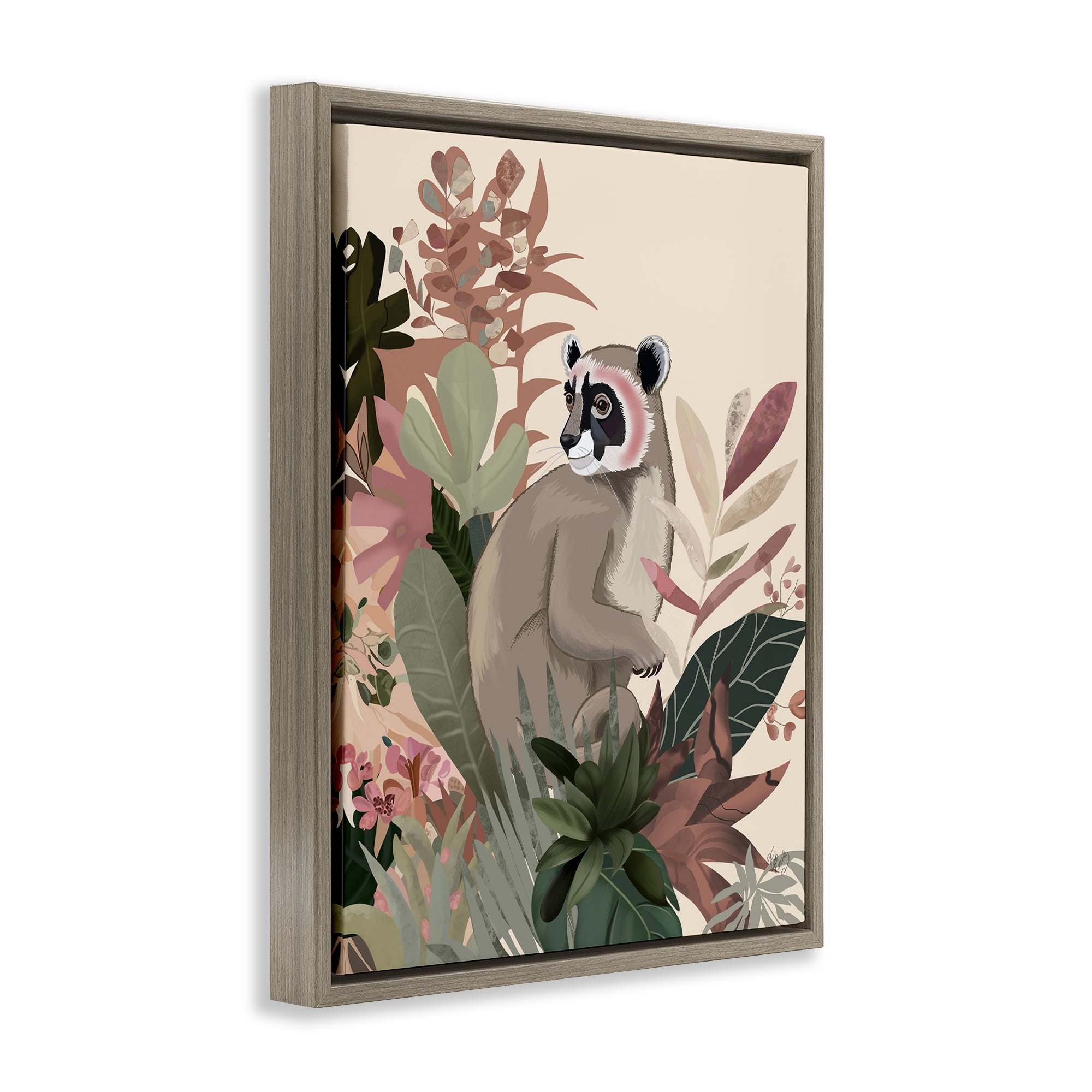 Stupell Industries Lemur & Tropical Plants Animals & Insects Painting Brown Floater Framed Canvas Art Print Wall Art, 25 x 31