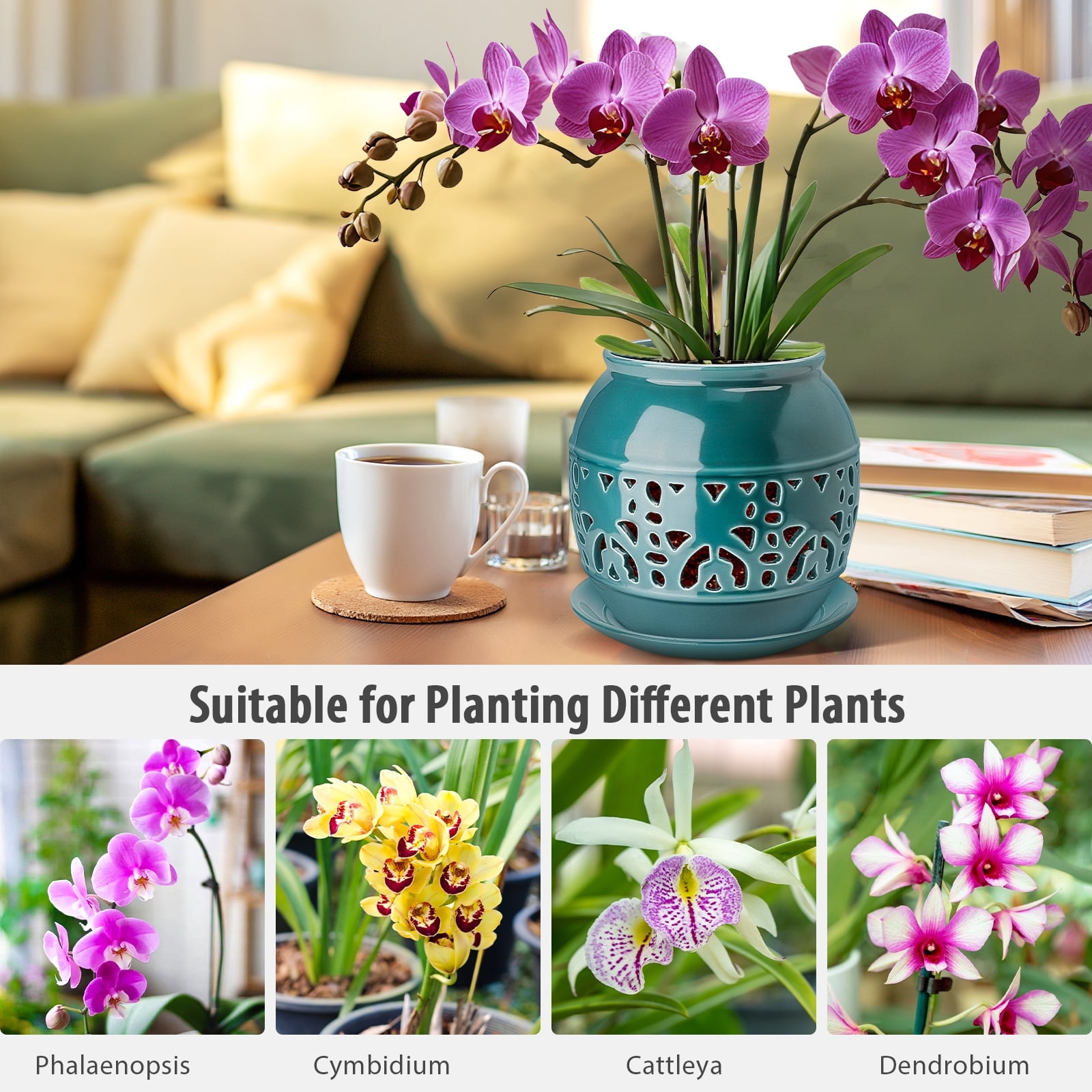EFISPSSS 6 inch ceramic orchid pot with hole and tray -Peacock Blue