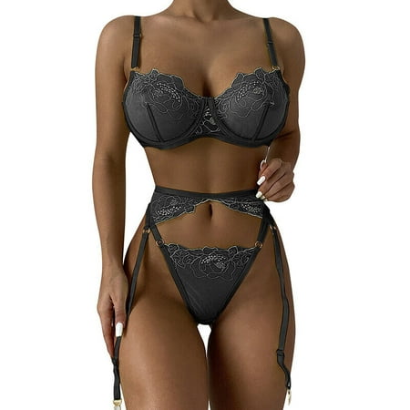 

Womens Lace Lingerie Underwear Bra Thong Sleepwear Steel Ring Pajamas Garter Set