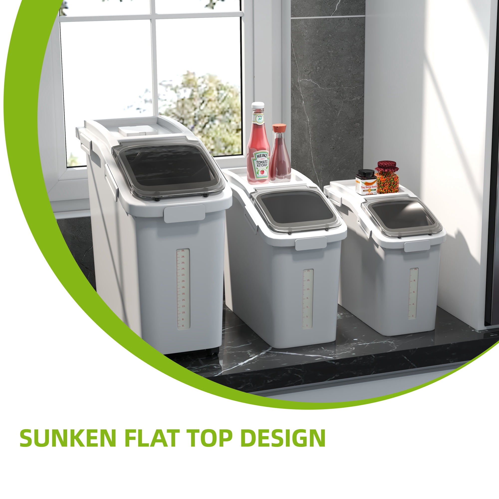 Uforic 20.6 Gal Ingredient Storage Bin(11.4+5.8+3.4 Gal), Commercial Rice Flour Storage Container, 500 Cups Capacity Storage Bins with Wheels, Lid and Scoop, Kitchen Rice Storage Bin, White