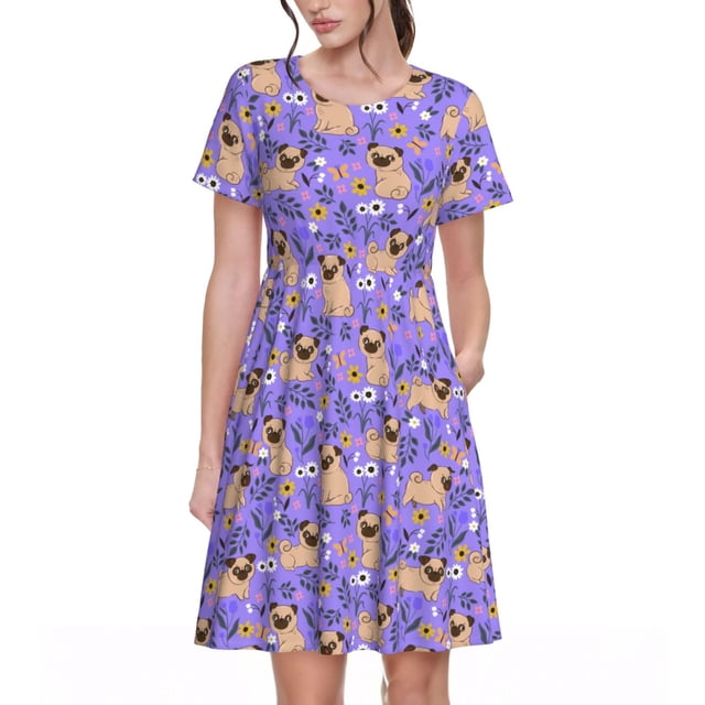 Xecao Pugs et Fleurs pour Femmes Robe Midi à Manches Courtes d'Été avec Poches Robe Décontractée T-Shirt Fluide Robe de Plage