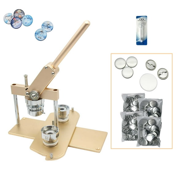 ChiButtons Kit 37mm (1.5") Button Maker Badge Press Machine-B400 + 37mm Round Die Moulds + 200 set Pin Button Components + Adjustable Circle Cutter (Golden-New)