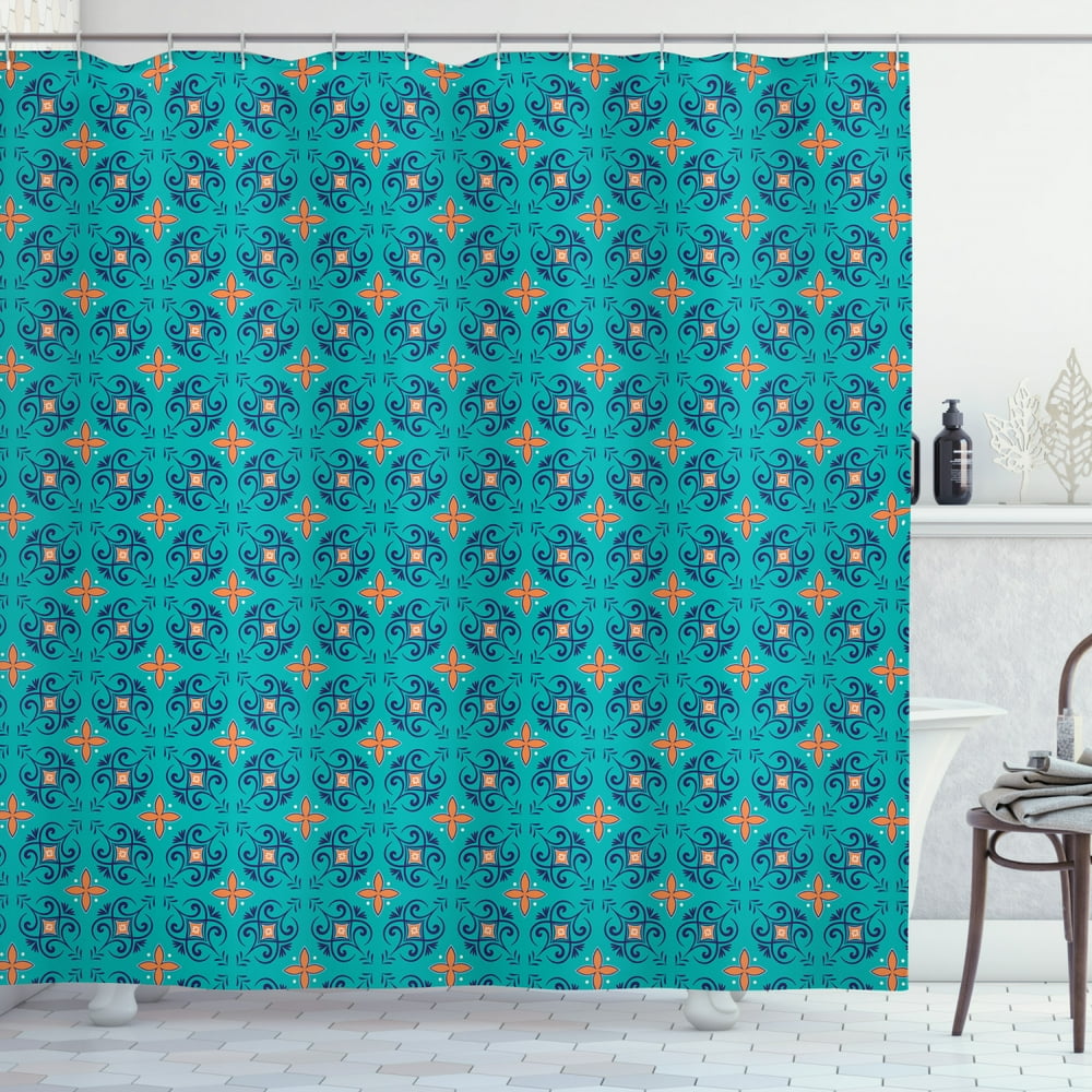 Orange and Turquoise Shower Curtain, Floral Motifs with Curlicues and