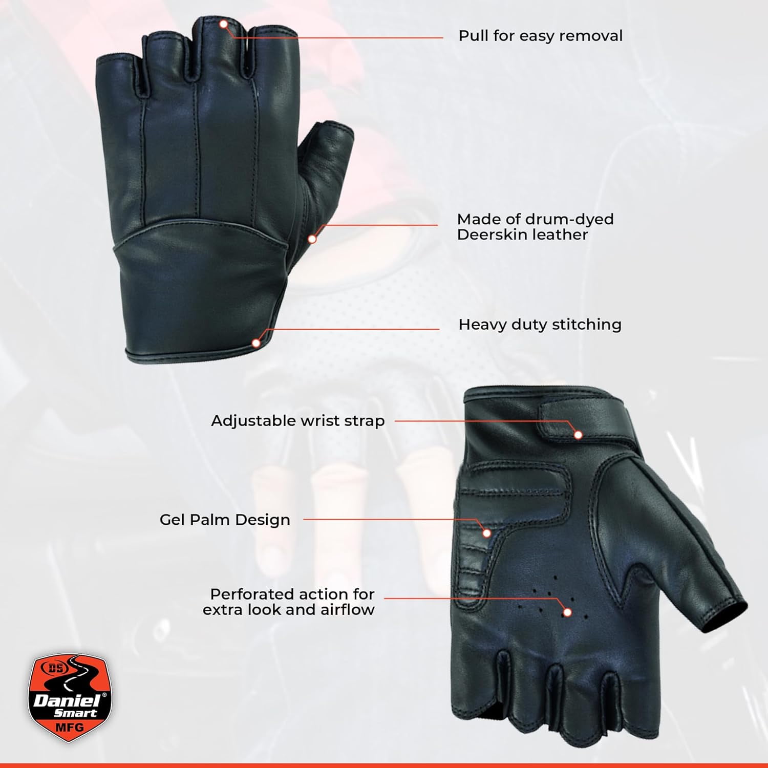 Daniel Smart Deerskin Leather Gloves – Fingerless Women Motorcycle Gloves with Gel Palm and Wrist Strap