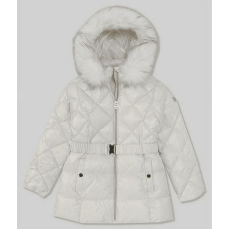 Michael Kors WINTER WHITE Big Girls 7-16 Snow Ski Long-Sleeve Belted Hooded Faux-Fur Trim Quilted Puffer Jacket, Size 10/12