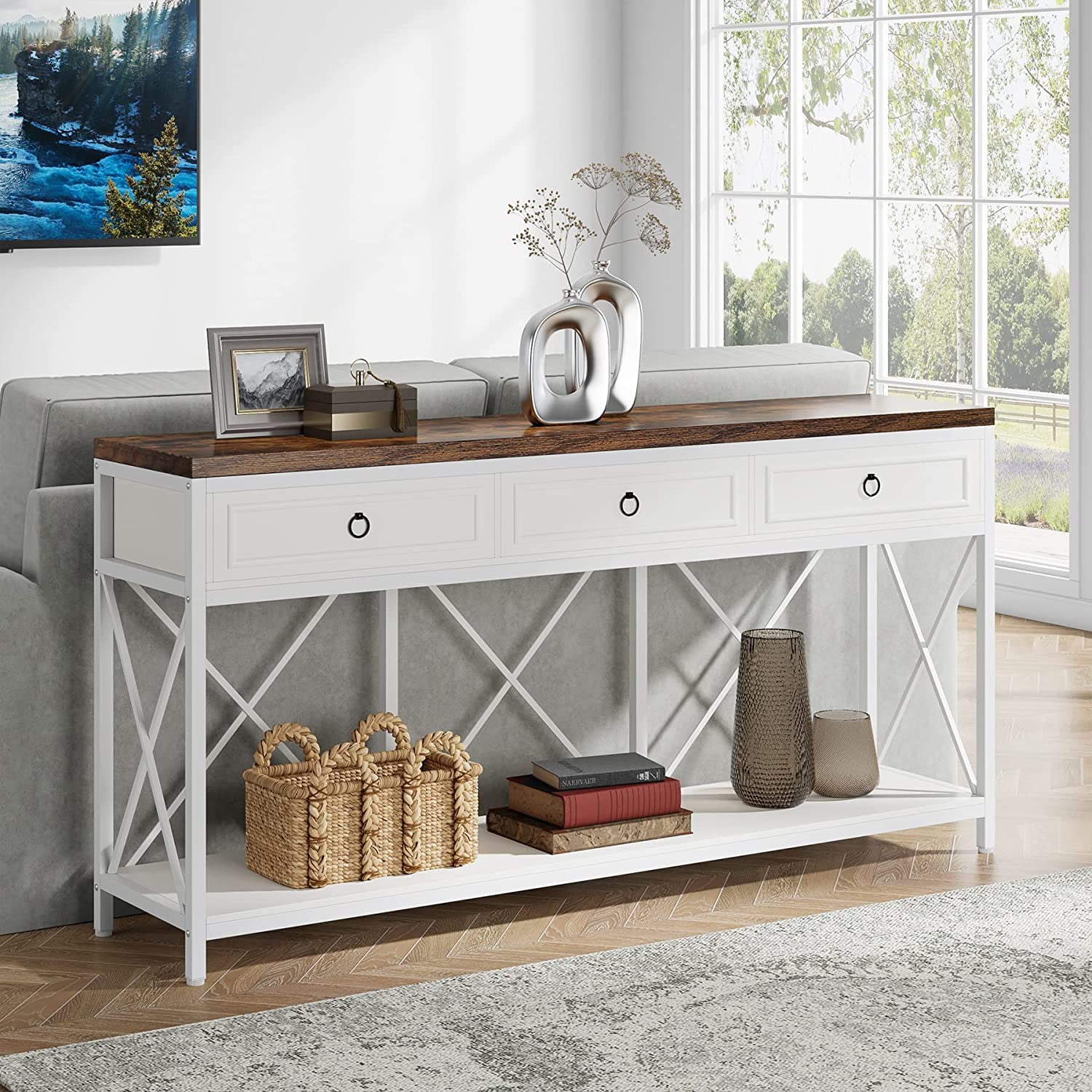 70.8-Inch Console Table with 3 Drawers, Farmhouse Entryway Table with Storage Shelf