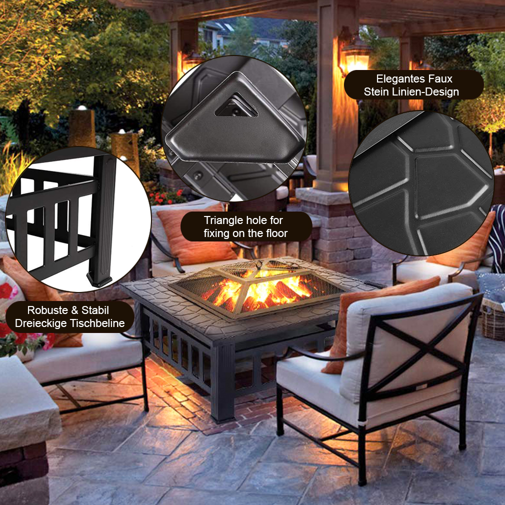 FDW 32" Outdoor Metal firepit for Patio Wood Burning Fireplace Square Garden Stove with Charcoal Rack, Poker & Mesh Cover for Camping - image 4 of 7