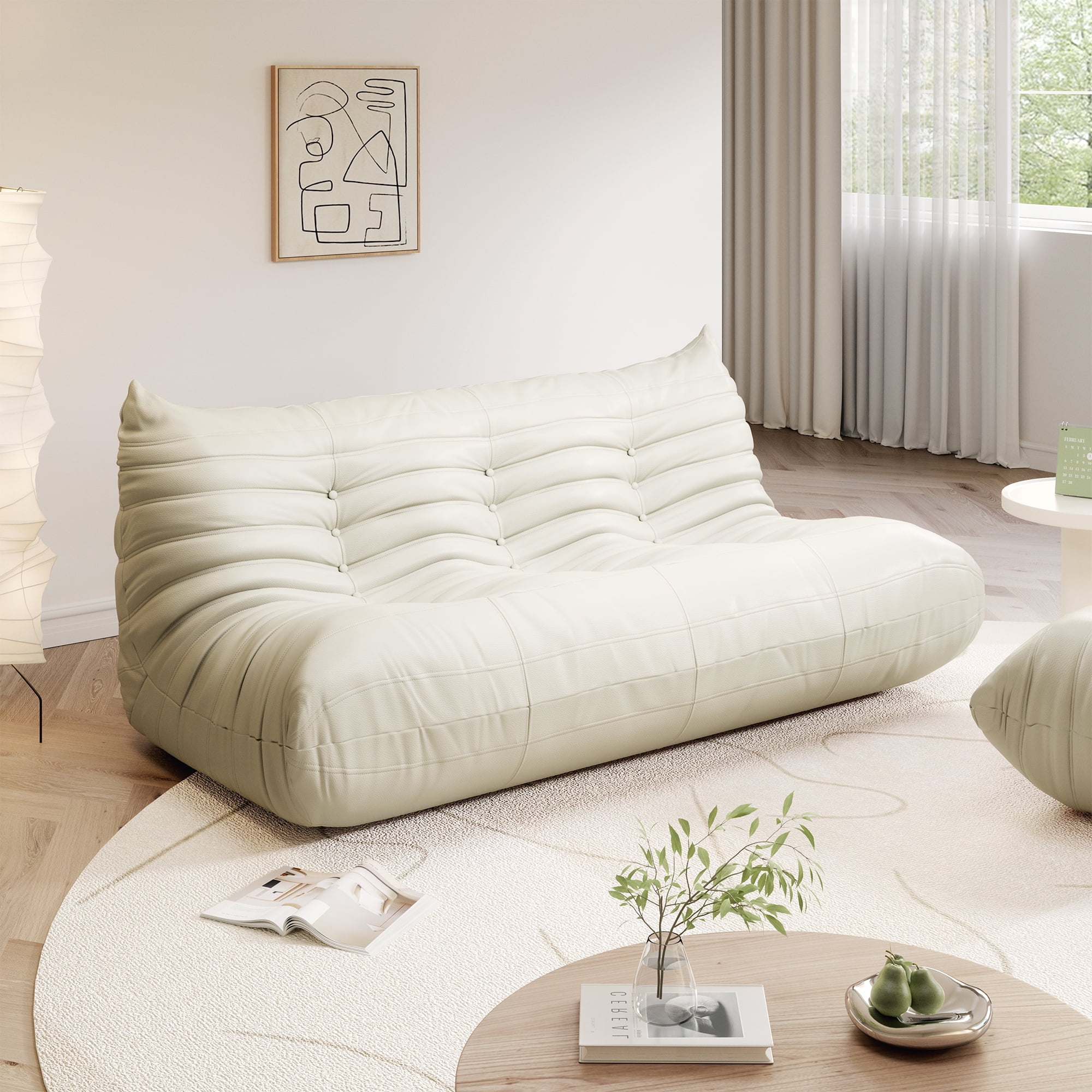 Gtilzria Lazy Sofa, Bean Bag Chair for Adults Comfortable Floor Couch, 3 Seat Fireside with Faux Leather Lounge Chair for Living Room, Bedroom, Beige