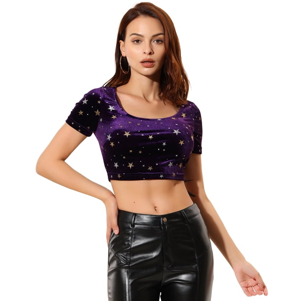 Top Corto De Terciopelo Allegra K Cuello Cuadrado Manga Corta Casual Ajustado Morado oscuro M