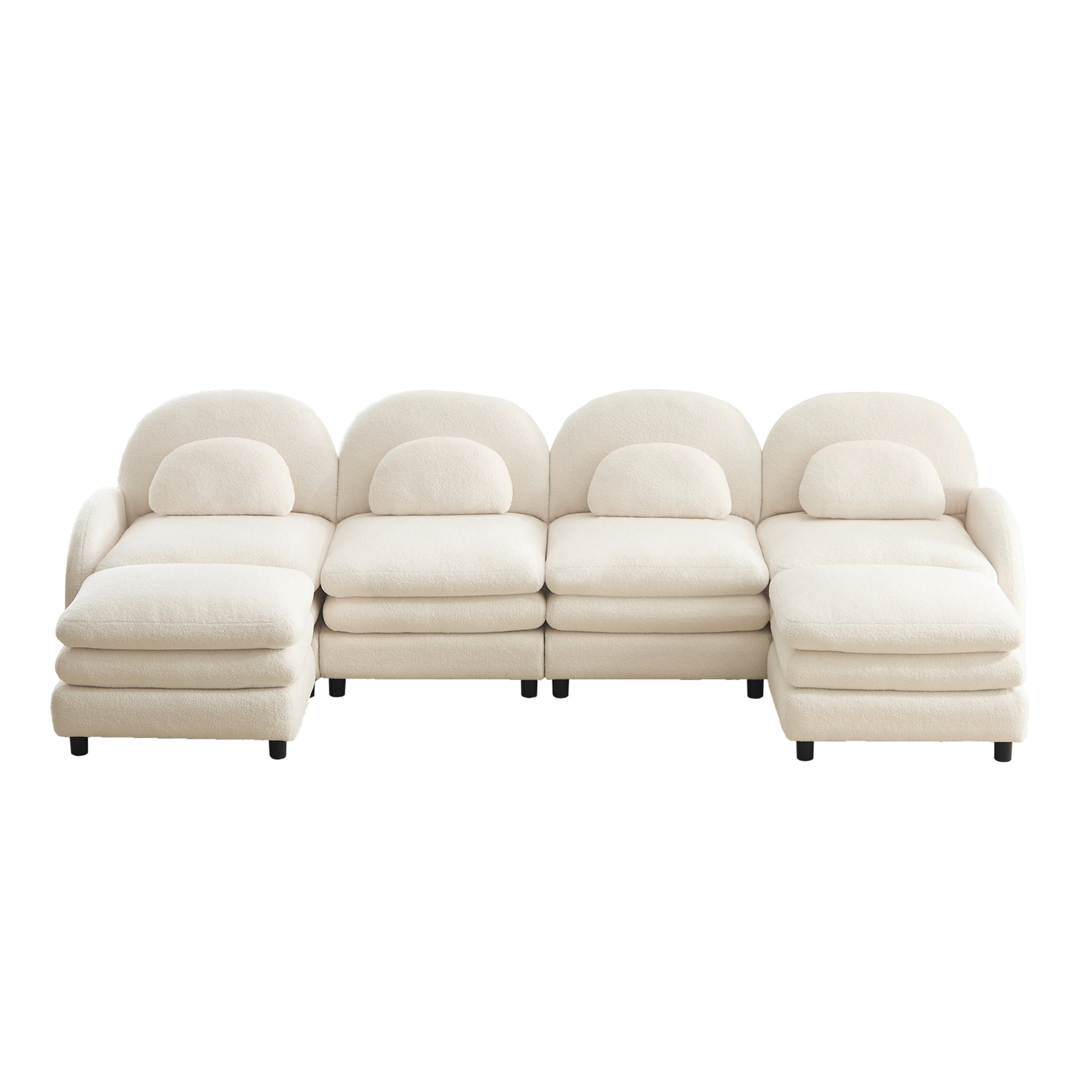 Noble House Windsor Teddy Fabric 4-Seater Sectional Sofa, Modular Cloud Couch with 2 Ottomans and Lumbar Pillows, Beige
