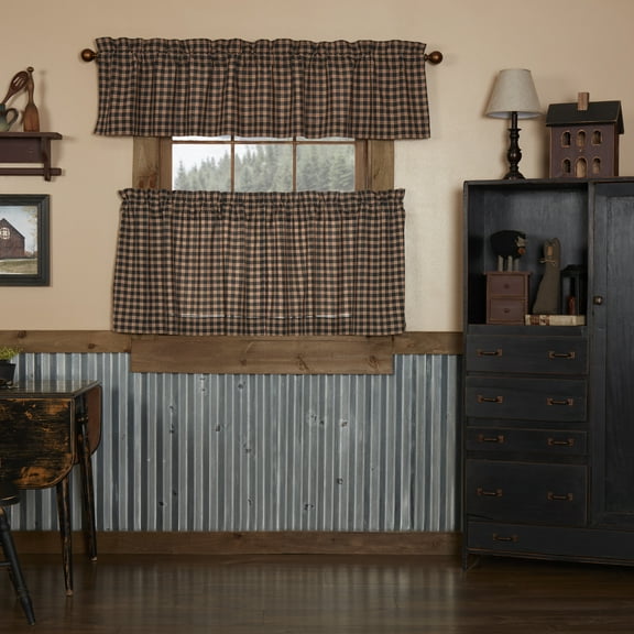 VHC Brands Bingham Star 3 PC Soft Black Plaid Curtain Set (1 Valance 16x72 and 2 Tier 24x36)