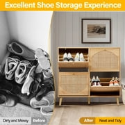 Ktaxon Rattan Shoe Cabinet with 4 Flip Drawers 24 Pairs,Narrow Shoe Storage Cabinet for Entryway, Bedroom, Living Room, Apartment, Natural