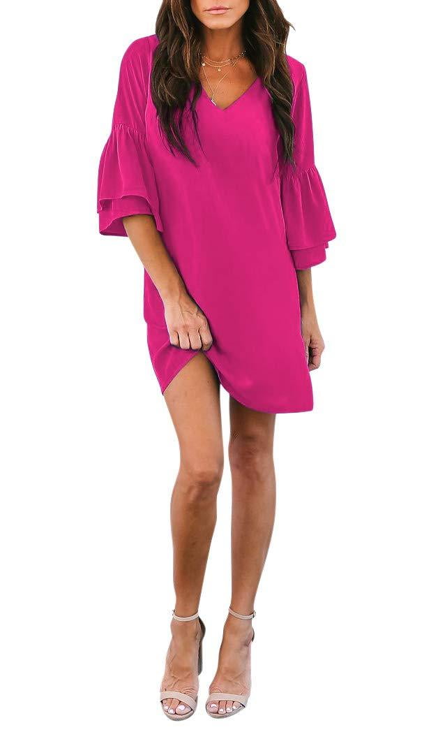 BELONGSCI Women's Dress Sweet & Cute V-Neck Bell Sleeve Shift Dress  Mini Dress Wood Green Medium - Walmart.com
