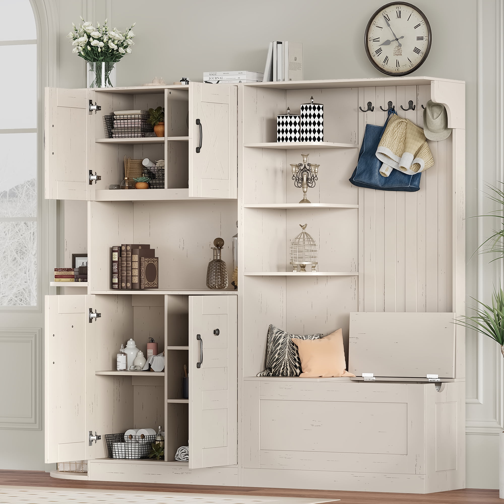 T-Foyer Farmhouse Beige Detachable Hall Tree with 4 Hooks & Bench, Wooden Rustic Entryway Organizer with Open Storage & 2 Cabinets