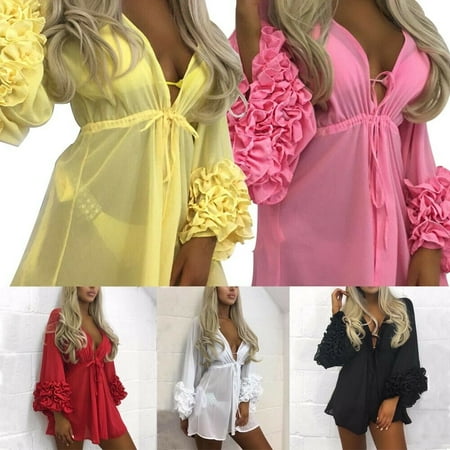 Solid Color Sexy Women Bikini Cover Ups Lace Floral Swimwear Bathing Suit Ladies Deep V Neck Summer Beach Dress